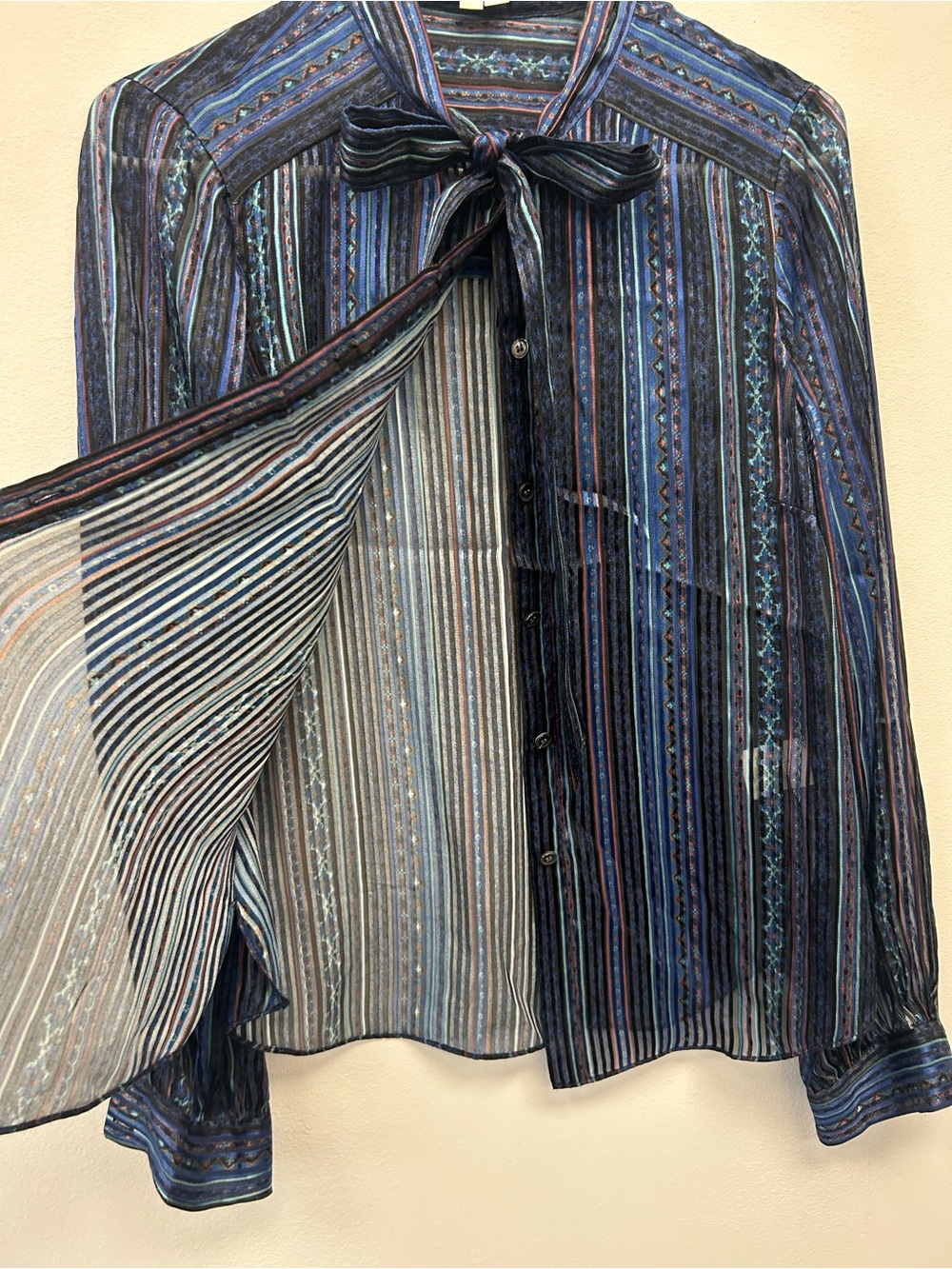 Veronica Beard Navy and Blue Striped Tie-Neck Shirt NWOT - Picture 3 of 5
